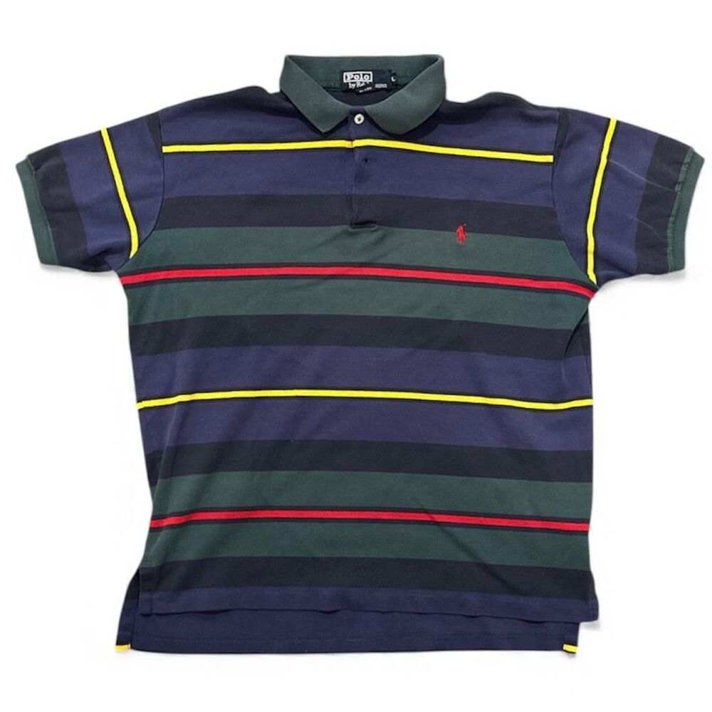 Vintage Polo Ralph Lauren Striped Shirt Mens L Navy Rugby Style 90s USA made
